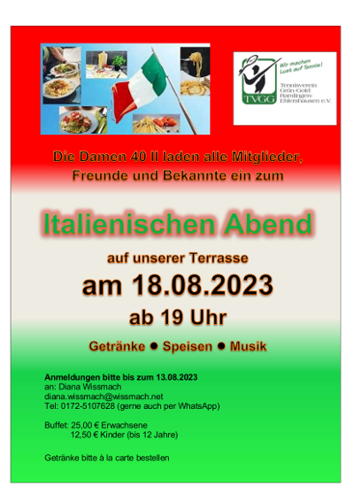 Italienischer Abend mit Damen 40II am 18.8.2023 um 19 Uhr